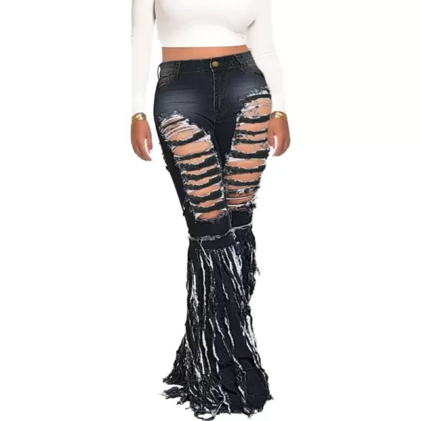 CHARTOU Women's Distressed Broken Ripped Fringed Tassel Long Bootcut Jeans