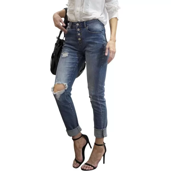 CHARTOU Women's Distressed High Rise Slim Fit Exposed-Button Ripped Denim Jeans Pants