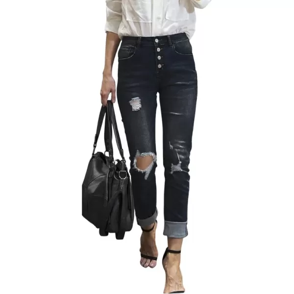 CHARTOU Women's Distressed High Rise Slim Fit Exposed-Button Ripped Denim Jeans Pants