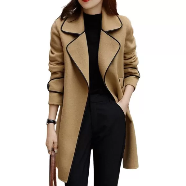 CHARTOU Women's Elegant Lapel Collar Wool Blend Midi-Long Pea Coat Jacket with Belt
