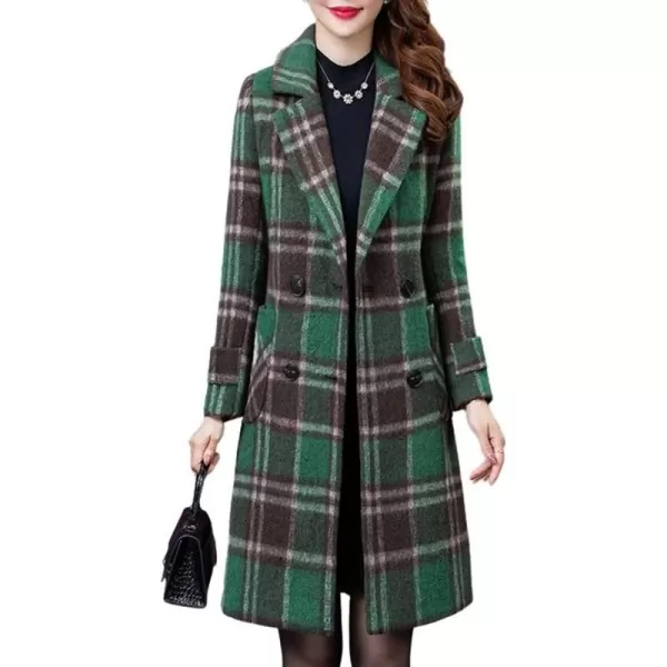 CHARTOU Women's Elegant Notched Collar Double-Breast Plaid Wool Blend Midi Long Pea Coat Jacket