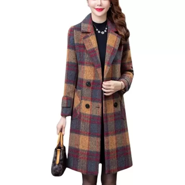 CHARTOU Women's Elegant Notched Collar Double-Breast Plaid Wool Blend Midi Long Pea Coat Jacket