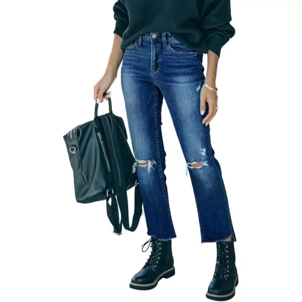 CHARTOU Women's Fall Winter Boyfriend Jeans Straight Leg Ripped Crop Denim Pants