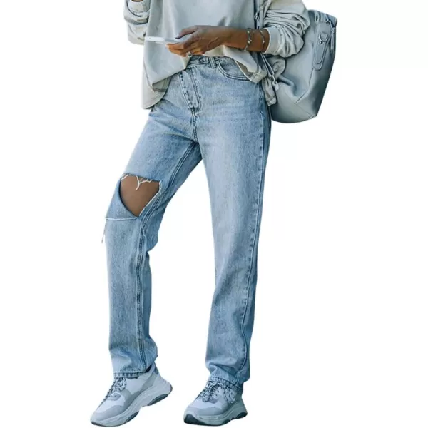 CHARTOU Women's Fashion Irregular Mid-Rise Destroyed Holes Straight Leg Denim Jeans Pants