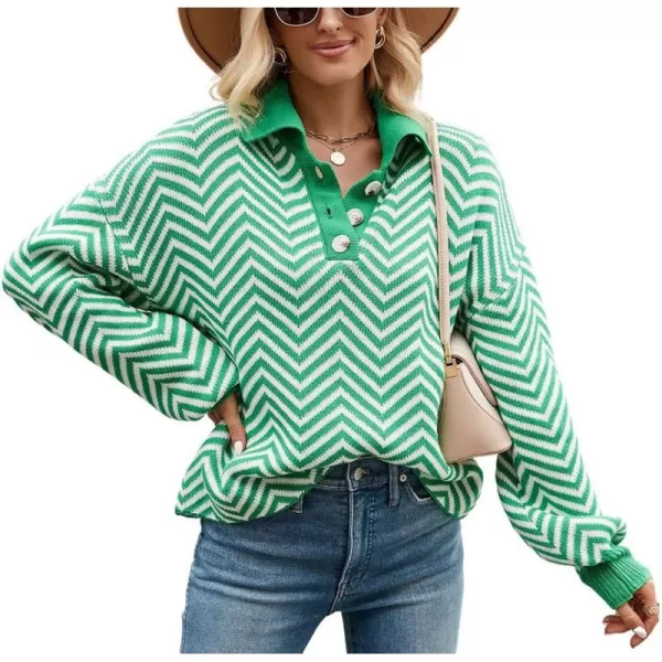 CHARTOU Women's Fashion Jumper Sweater Loose Fit Zigzag Long Sleeve Lapel Polo Collar Pullover