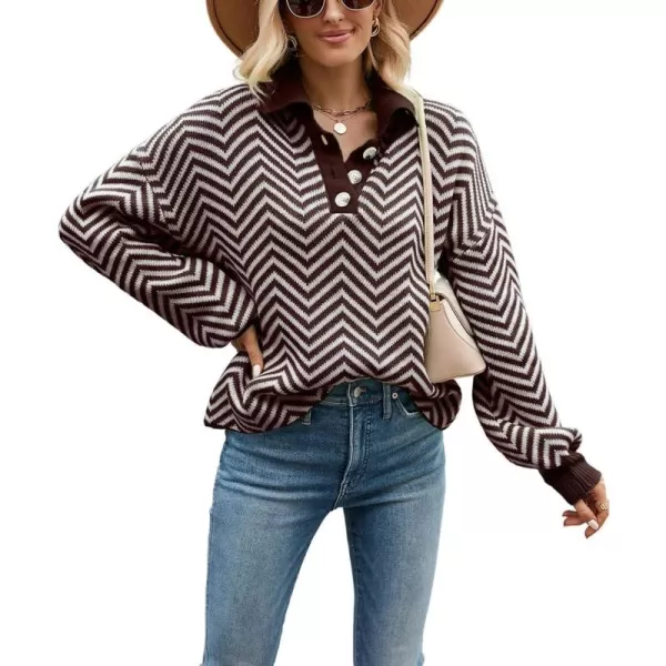 CHARTOU Women's Fashion Jumper Sweater Loose Fit Zigzag Long Sleeve Lapel Polo Collar Pullover