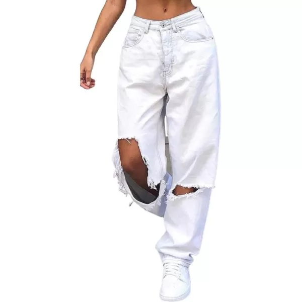 CHARTOU Women's Fashion Mid-Rise Destroyed Holes Loose Straight Leg Denim Jeans Pants