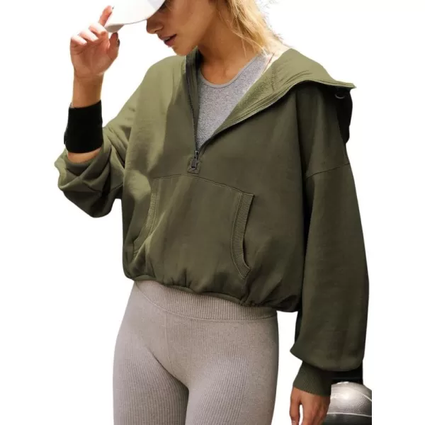 CHARTOU Women's Half Zip Pullover Hoodie Casual Kangaroo Pocket Crop Sweatshirt Tops