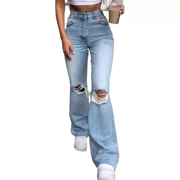 CHARTOU Women's High Waist Distressed Ripped Keyhole Wide Leg Jeans Flare Denim Pants