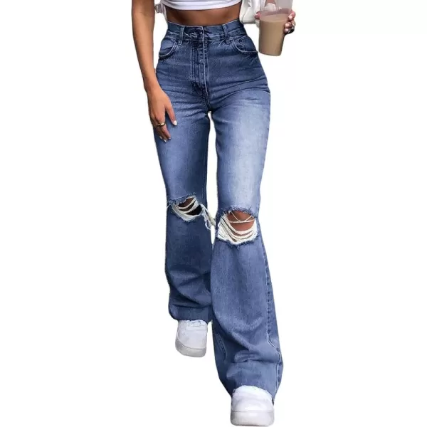 CHARTOU Women's High Waist Distressed Ripped Keyhole Wide Leg Jeans Flare Denim Pants