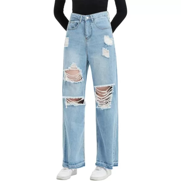 CHARTOU Women's High Waist Wide Leg Bootcut Washed Broken Distressed Fringed Ripped Long Jeans Denim Pants