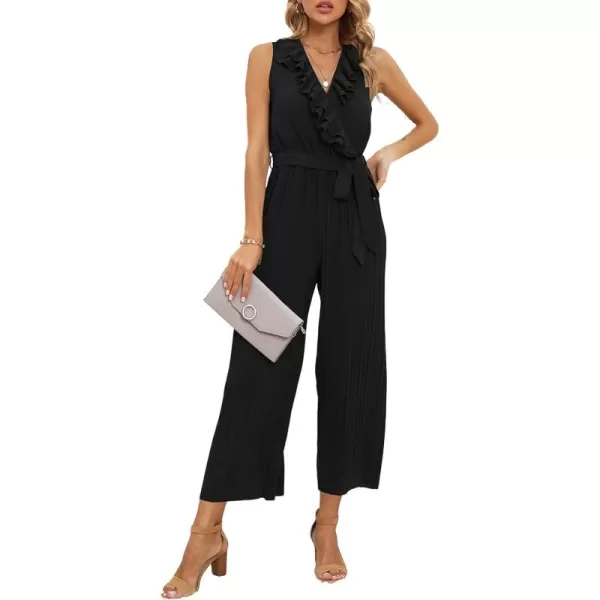 CHARTOU Women's Jumpsuits Sleeveless Ruffled V-Neck Pleated Wide Leg Pants Rompers Overalls