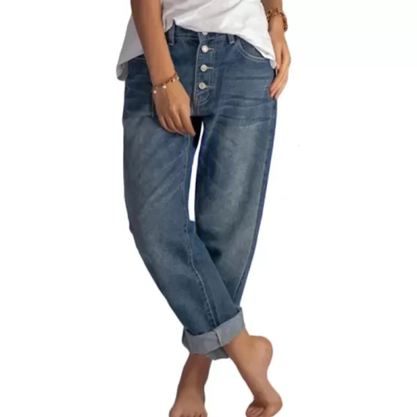 CHARTOU Women's Loose Button Roll Up Denim Jeans Pants Mid Waist Cat Print Baggy Cropped Pants