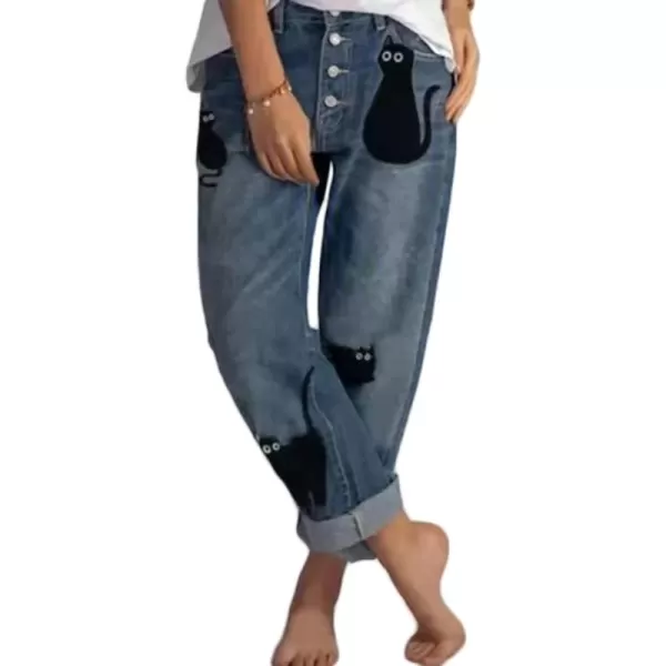 CHARTOU Women's Loose Button Roll Up Denim Jeans Pants Mid Waist Cat Print Baggy Cropped Pants