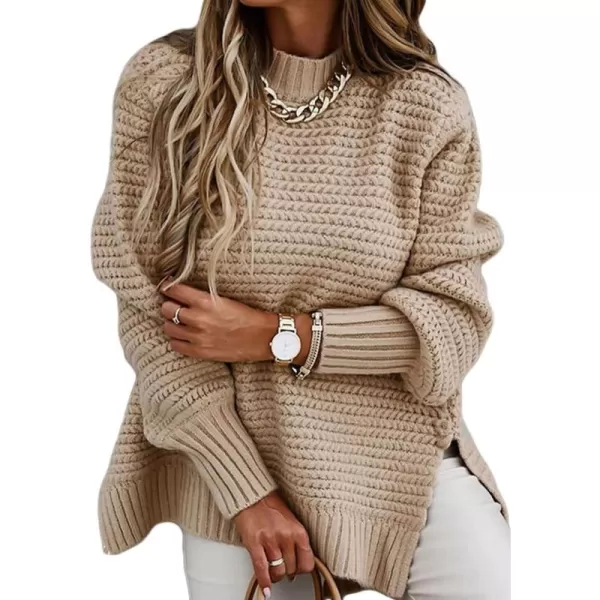 CHARTOU Women's Loose Mock Neck Side Slit Cable Knit Sweater Oversized Knitwear Pullover