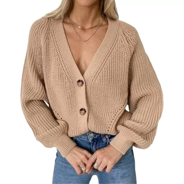 CHARTOU Women's Loose V Neck Lantern Sleeve Knit Ribbed Sweater Jacket Short Cardigan Knitwear