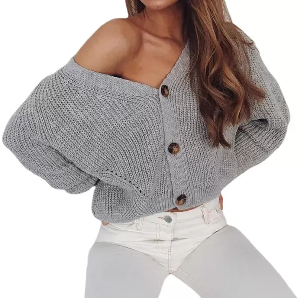 CHARTOU Women's Loose V Neck Lantern Sleeve Knit Ribbed Sweater Jacket Short Cardigan Knitwear