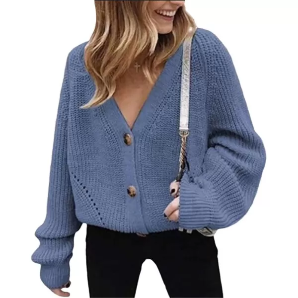 CHARTOU Women's Loose V Neck Lantern Sleeve Knit Ribbed Sweater Jacket Short Cardigan Knitwear