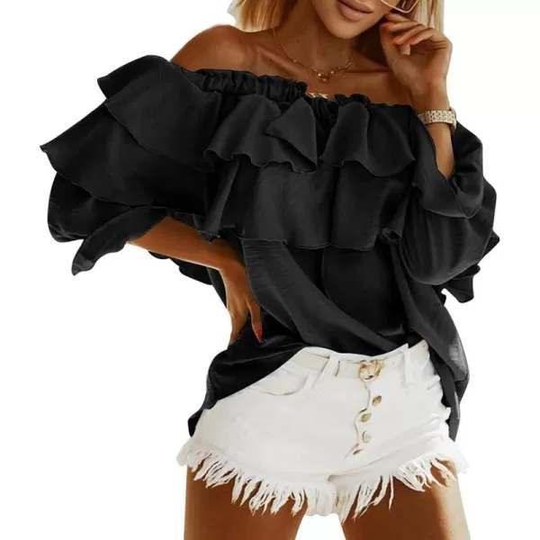 CHARTOU Women's Off Shoulder Bell Sleeve Ruffle Chiffon Blouse Shirt Pullover Top with Drawstring