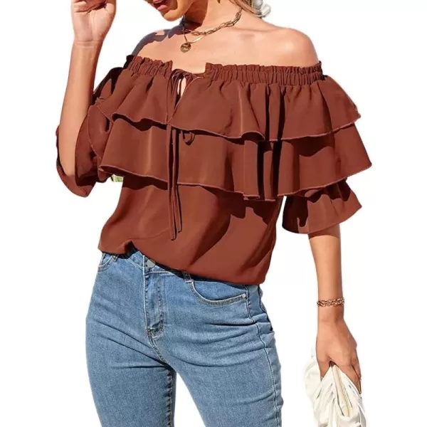 CHARTOU Women's Off Shoulder Bell Sleeve Ruffle Chiffon Blouse Shirt Pullover Top with Drawstring