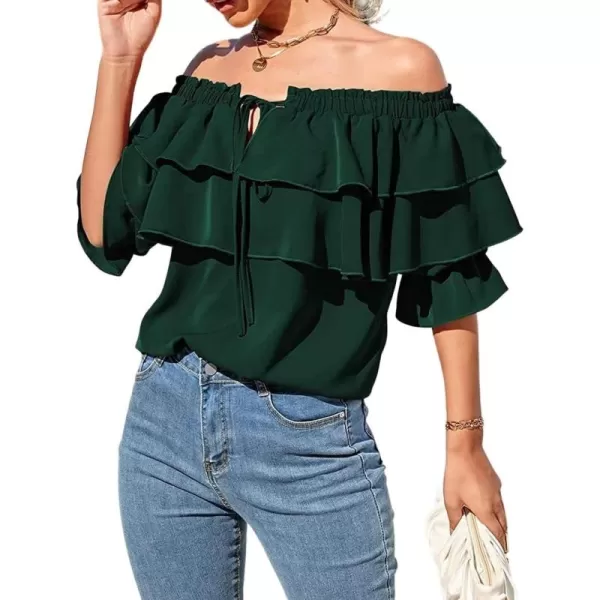 CHARTOU Women's Off Shoulder Bell Sleeve Ruffle Chiffon Blouse Shirt Pullover Top with Drawstring