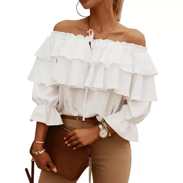 CHARTOU Women's Off Shoulder Bell Sleeve Ruffle Chiffon Blouse Shirt Pullover Top with Drawstring