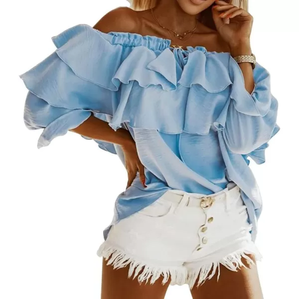CHARTOU Women's Off Shoulder Bell Sleeve Ruffle Chiffon Blouse Shirt Pullover Top with Drawstring