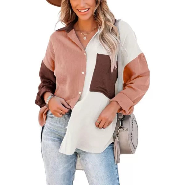 CHARTOU Women's Oversized Color Block Button Down Shirt Drop Long Sleeve Shirt Blouse