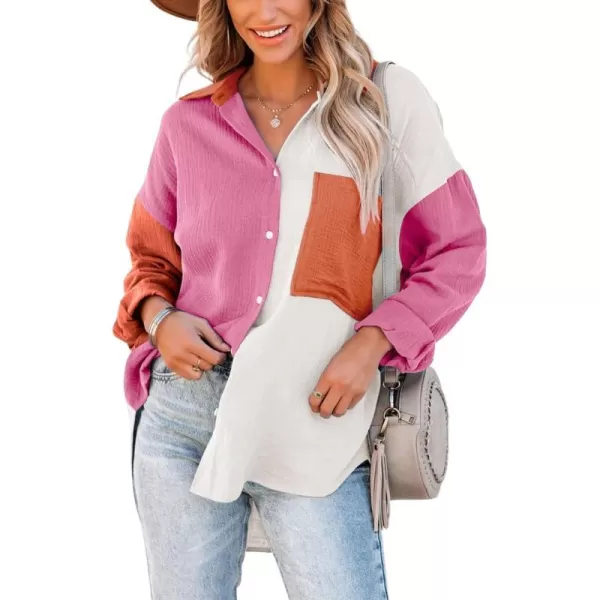 CHARTOU Women's Oversized Color Block Button Down Shirt Drop Long Sleeve Shirt Blouse