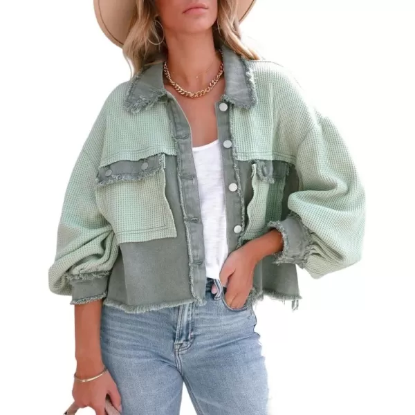 CHARTOU Women's Oversized Waffle Knit Shacket Cropped Color Block Jean Patchwork Blouse Shirt