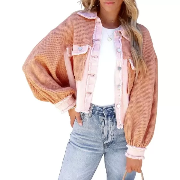 CHARTOU Women's Oversized Waffle Knit Shacket Cropped Color Block Jean Patchwork Blouse Shirt