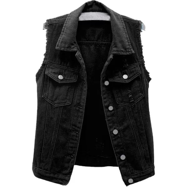 CHARTOU Women's Ripped Lapel Collar Button Up Sleeveless Frayed Denim Vest Jacket