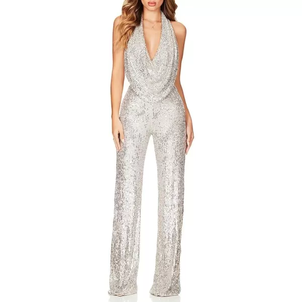 CHARTOU Women's Sexy Sparkle Sequin Tank Jumpsuit Halter Neck Plunge Backless Long Romper