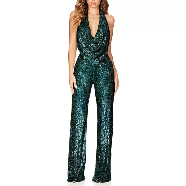 CHARTOU Women's Sexy Sparkle Sequin Tank Jumpsuit Halter Neck Plunge Backless Long Romper