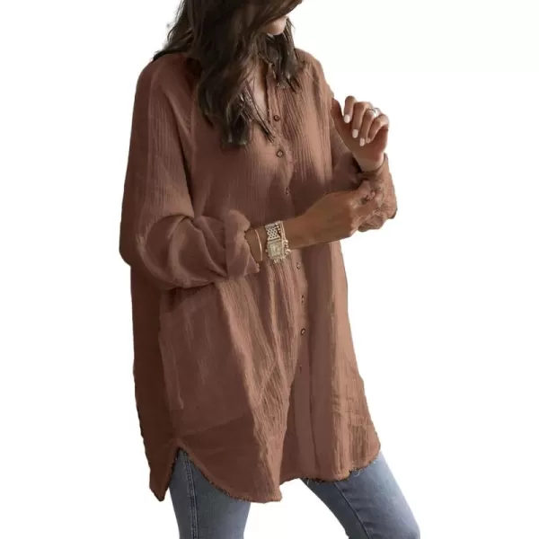 CHARTOU Women's Slouchy V Neck Button Down Long Sleeve Midi Long Blouse Shirt