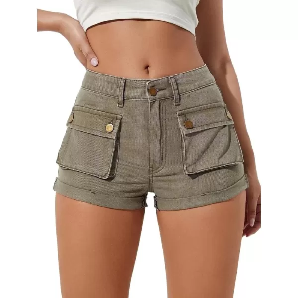 CHARTOU Women's Streetwear High Waist Roll-Up Cuffed Slim Fit Y2k Denim Cargo Shorts with Pockets