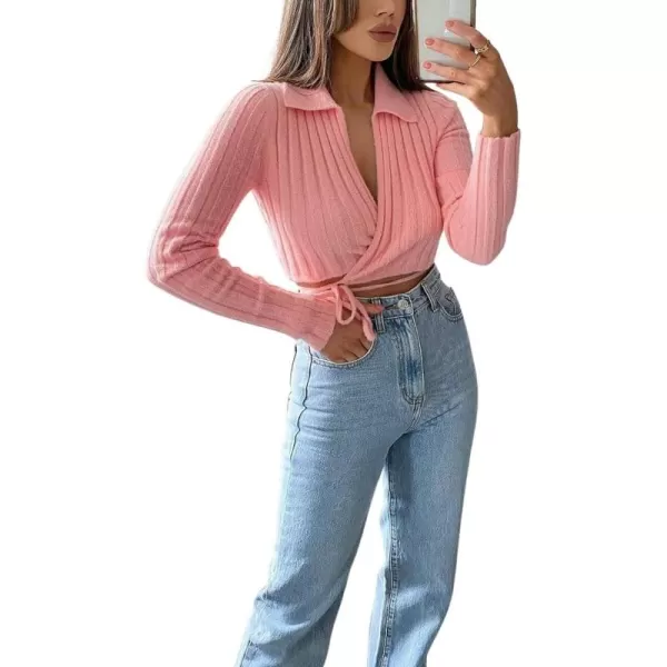 CHARTOU Women's Streetwear Y2k Self-Tie Wrap Rib Knit Crop Cardigan Sweater Tops