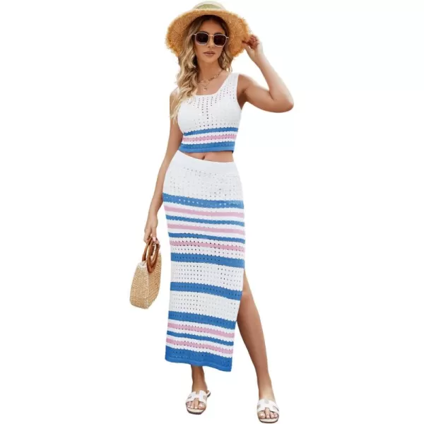 CHARTOU Women's Summer 2 Piece Outfits knitted Hollow Out Color Block Tank Top and Bodycon Slit Skirt Set