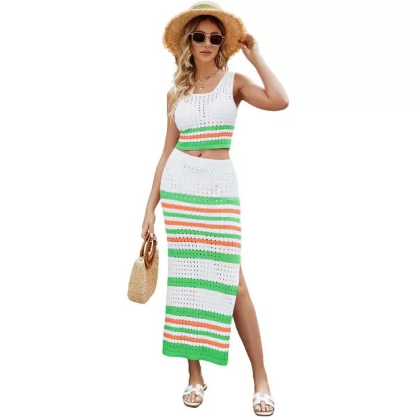 CHARTOU Women's Summer 2 Piece Outfits knitted Hollow Out Color Block Tank Top and Bodycon Slit Skirt Set