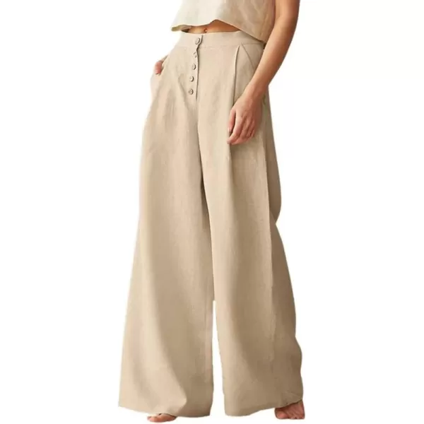 CHARTOU Women's Summer Button High Waist Wide Leg Cotton Linen Palazzo Pants with Pockets
