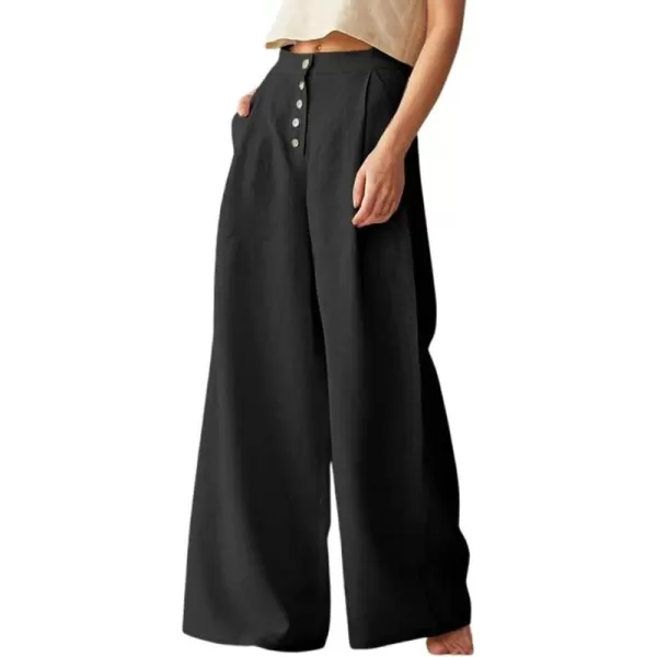 CHARTOU Women's Summer Button High Waist Wide Leg Cotton Linen Palazzo Pants with Pockets