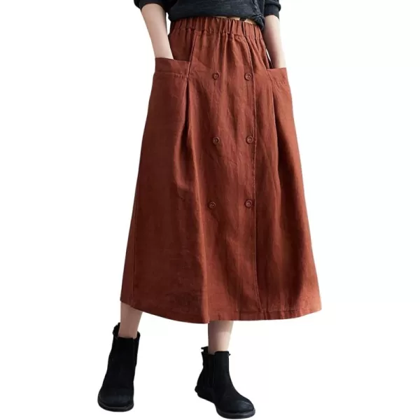 CHARTOU Women's Summer Elastic High Waist Linen Blend Solid A-Line Midi Long Skirt with Pockets