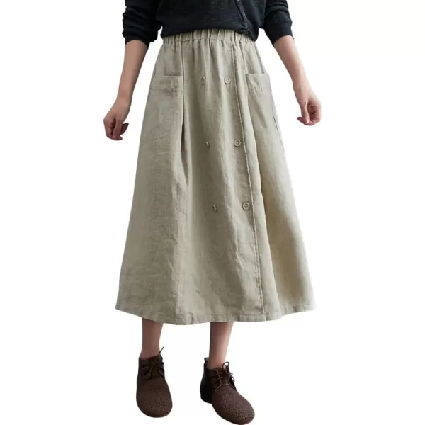 CHARTOU Women's Summer Elastic High Waist Linen Blend Solid A-Line Midi Long Skirt with Pockets