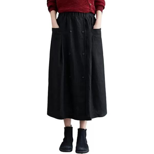 CHARTOU Women's Summer Elastic High Waist Linen Blend Solid A-Line Midi Long Skirt with Pockets