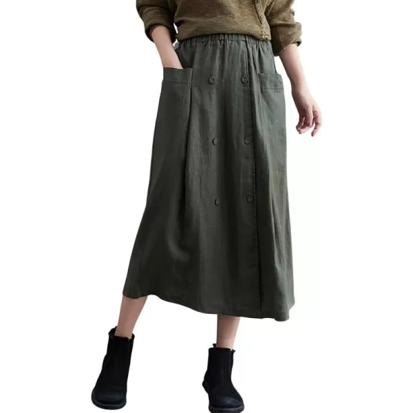 CHARTOU Women's Summer Elastic High Waist Linen Blend Solid A-Line Midi Long Skirt with Pockets