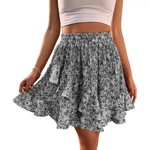 CHARTOU Women's Summer Elastic High Waist Shirring Floral Print Irregular Ruffle Mini Skirt