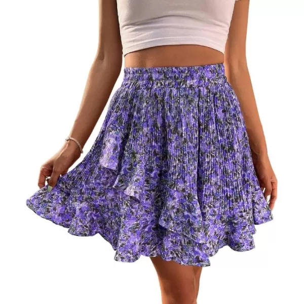 CHARTOU Women's Summer Elastic High Waist Shirring Floral Print Irregular Ruffle Mini Skirt