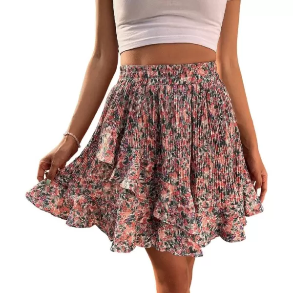 CHARTOU Women's Summer Elastic High Waist Shirring Floral Print Irregular Ruffle Mini Skirt