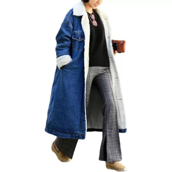 CHARTOU Women's Thicken Loose Sherpa Fleece Lined Button Down Long Denim Jacket Overcoat