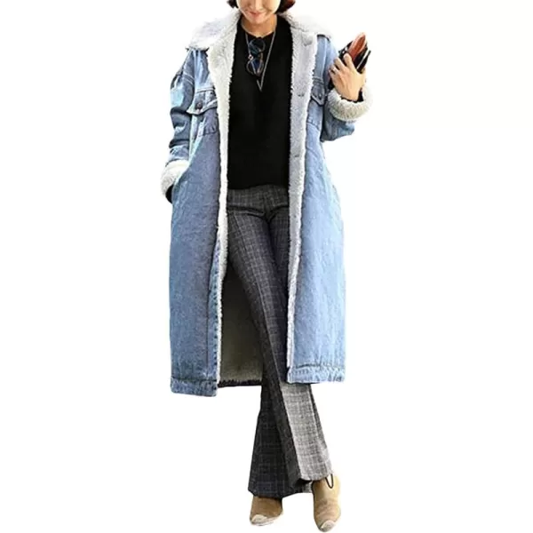 CHARTOU Women's Thicken Loose Sherpa Fleece Lined Button Down Long Denim Jacket Overcoat